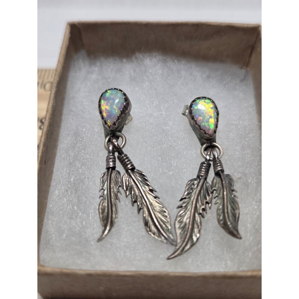 Opal Native‎ American US Style Feather Dangle Earrings Handmade Artisan Jewelry